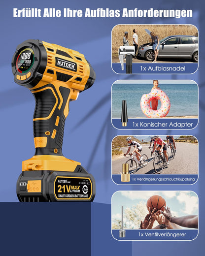 AUTDER 180 PSI Battery Air Compressor - Portable tire inflator with 21V rechargeable battery & 12V DC car adapter, digital air compressor for car, motorcycle, bicycle & sports balls - Yellow