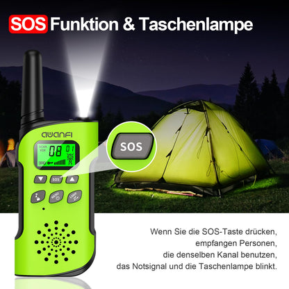 AWANFI Walkie Talkie for Kids, ages 3-12, rechargeable with Li-ion battery, radio set, walkie talkie with VOX, LCD flashlight, keypad lock, perfect gift for camping adventures.