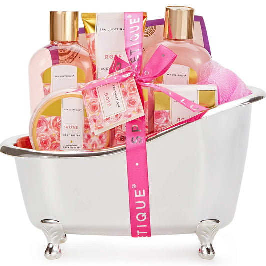 SPA LUXETIQUE Wellness Set for Women - 8pc Rose Scent Bath Gift Set for Women, Birthday Gift Beauty Set with Decorative Bathtub, Valentine's Day Gift, Mother's Day Gift, Gifts for Women