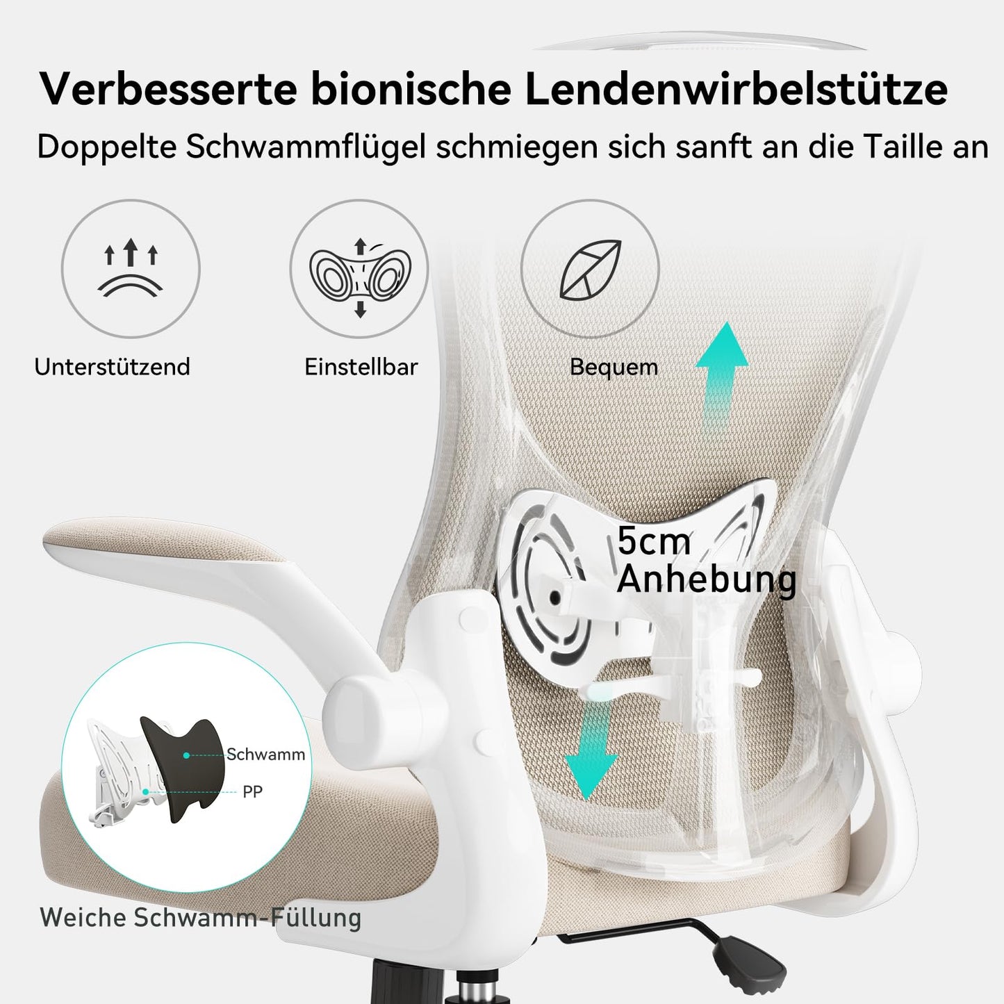 Hbada Office Chair Ergonomic, Desk Chair, Computer Office Chair with Foldable Armrest and Lumbar Support, Swivel Chair Adjustable Height, Gray