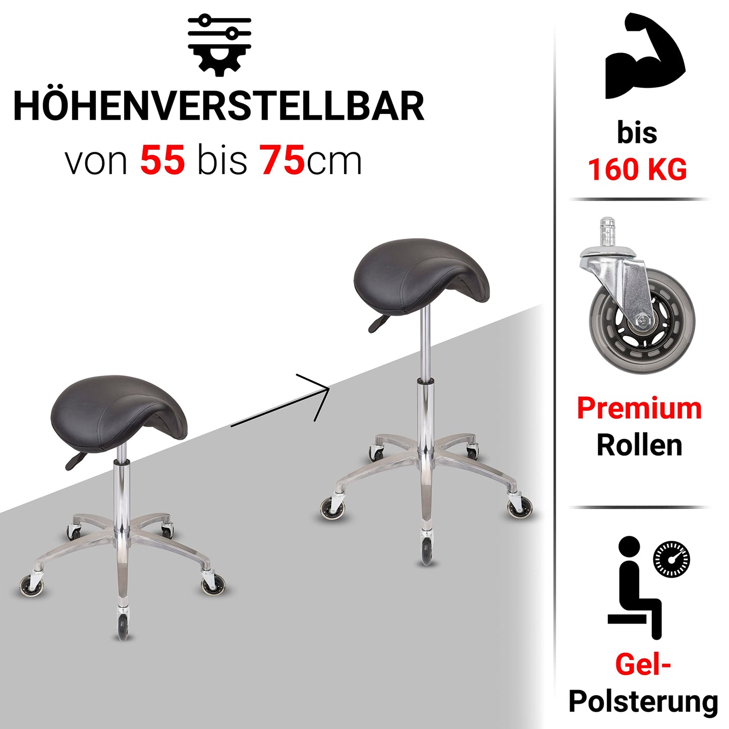 Staboos rolling stool up to 160 kg - saddle seat with gel padding - practical stool (premium wheels) swivel stool adjustable in height (55 cm to 75 cm) saddle stool