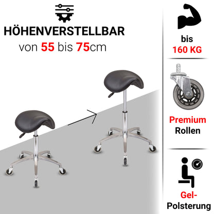 Staboos rolling stool up to 160 kg - saddle seat with gel padding - practical stool (premium wheels) swivel stool adjustable in height (55 cm to 75 cm) saddle stool