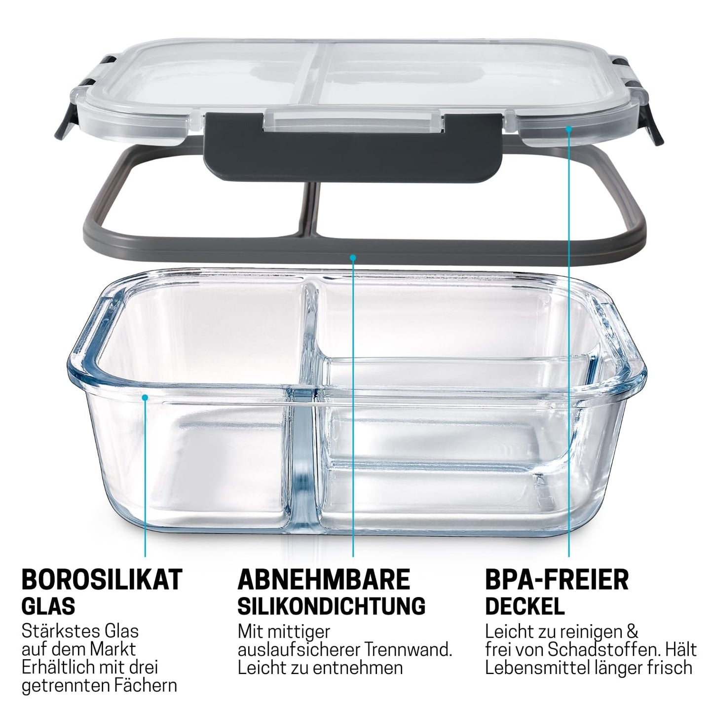 Igluu Meal Prep Glass Food Storage Containers with BPA-free lid (3-pack) - microwave, oven, freezer, dishwasher safe, leak-proof - 980 ml - 3 compartments - durable borosilicate glass.