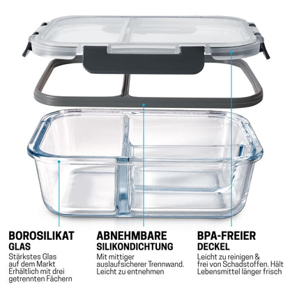 Igluu Meal Prep Glass Food Storage Containers with BPA-free lid (3-pack) - microwave, oven, freezer, dishwasher safe, leak-proof - 980 ml - 3 compartments - durable borosilicate glass.