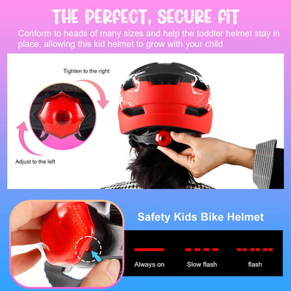 RaMokey Kids Bike Helmet, Bike Helmet with Light for Kids, Lightweight Kids Helmet with Adjustable Dial for Girls and Boys 50-56CM (ages 5-14) (Black+Red)