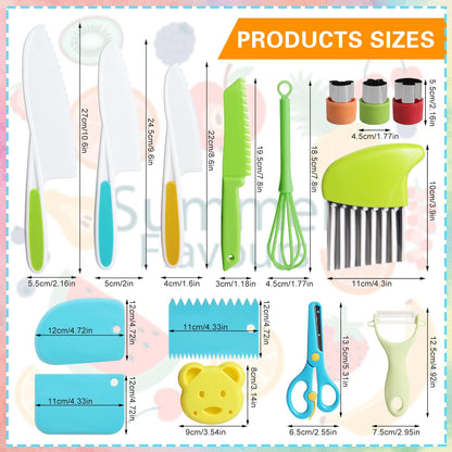 Cevikno Kids Knife Set - Wooden kitchen knife set for toddlers including cutting board, Y-peeler, crinkle-cutter. Montessori child-friendly knife (Yellow).