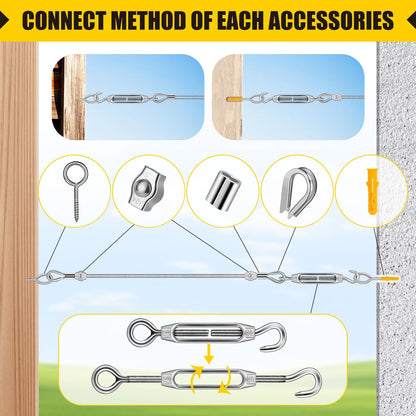 UPDOKIT 62pcs Stainless Steel Wire Rope Set, 50m Wire Rope for climbing plants, 2mm Steel Rope Coated Set with eyes, Rope Tensioner, Wire Rope Clamp for trellis, fences, and DIY projects.