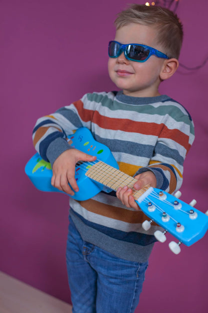 Squirrel - Guitar for Kids - Blue children's guitar, tunable nylon strings, wooden toy, with dinosaur, wooden guitar for boys and girls from 3 years old.