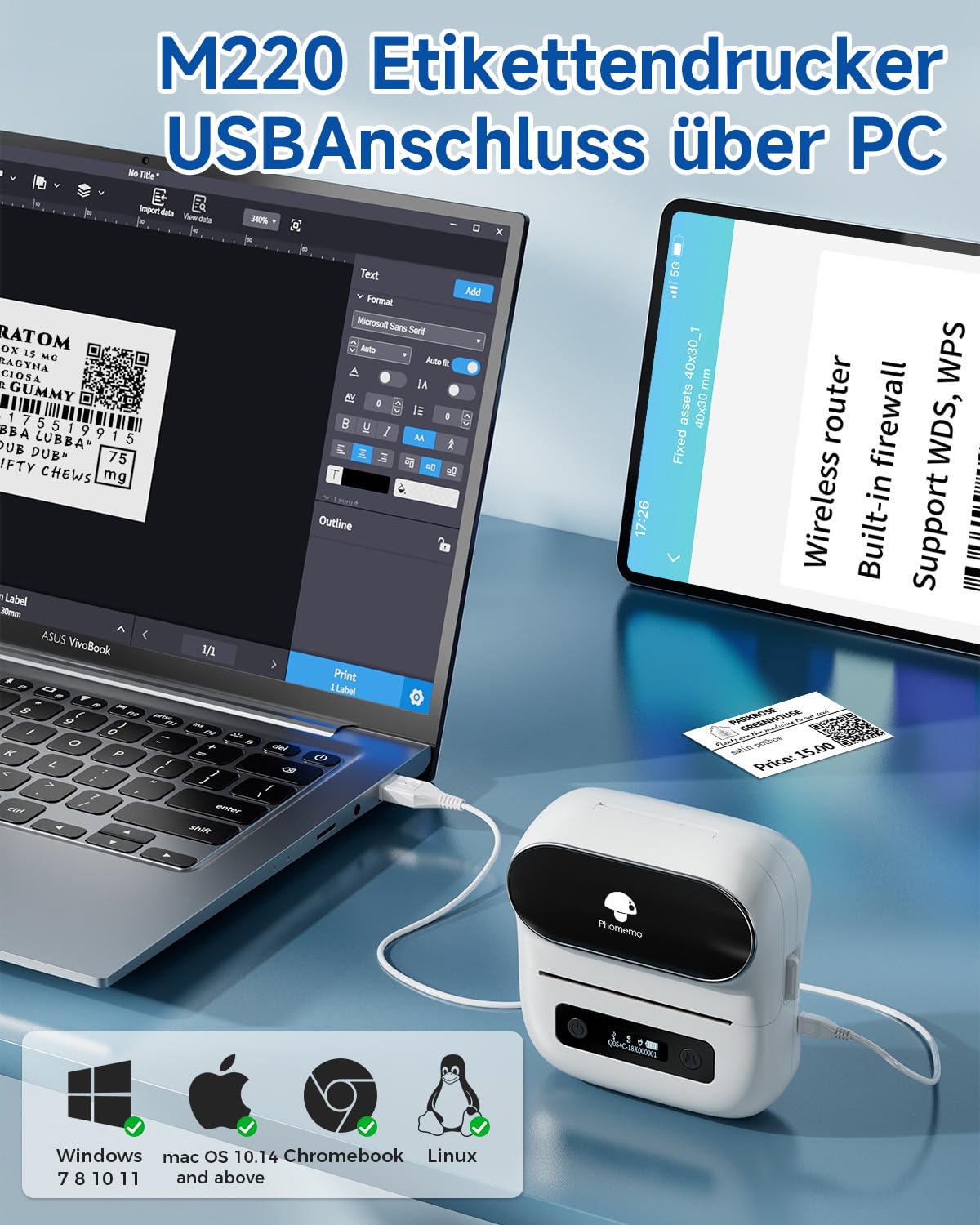 Phomemo M220 label printer with Bluetooth, portable Bluetooth thermal label printer for barcodes, retail, small businesses, compatible with phones & PC systems White.