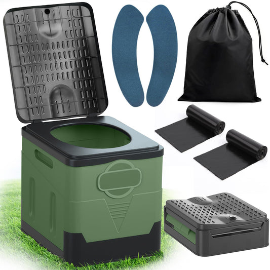 SaiXuan Portable Folding Toilet Set, 25L Capacity, Supports up to 150KG, 24 Trash Bags,Carry Bag, Toilet Seat Cushion, Portable Toilet for Camping, RV, Hiking (Military Green)