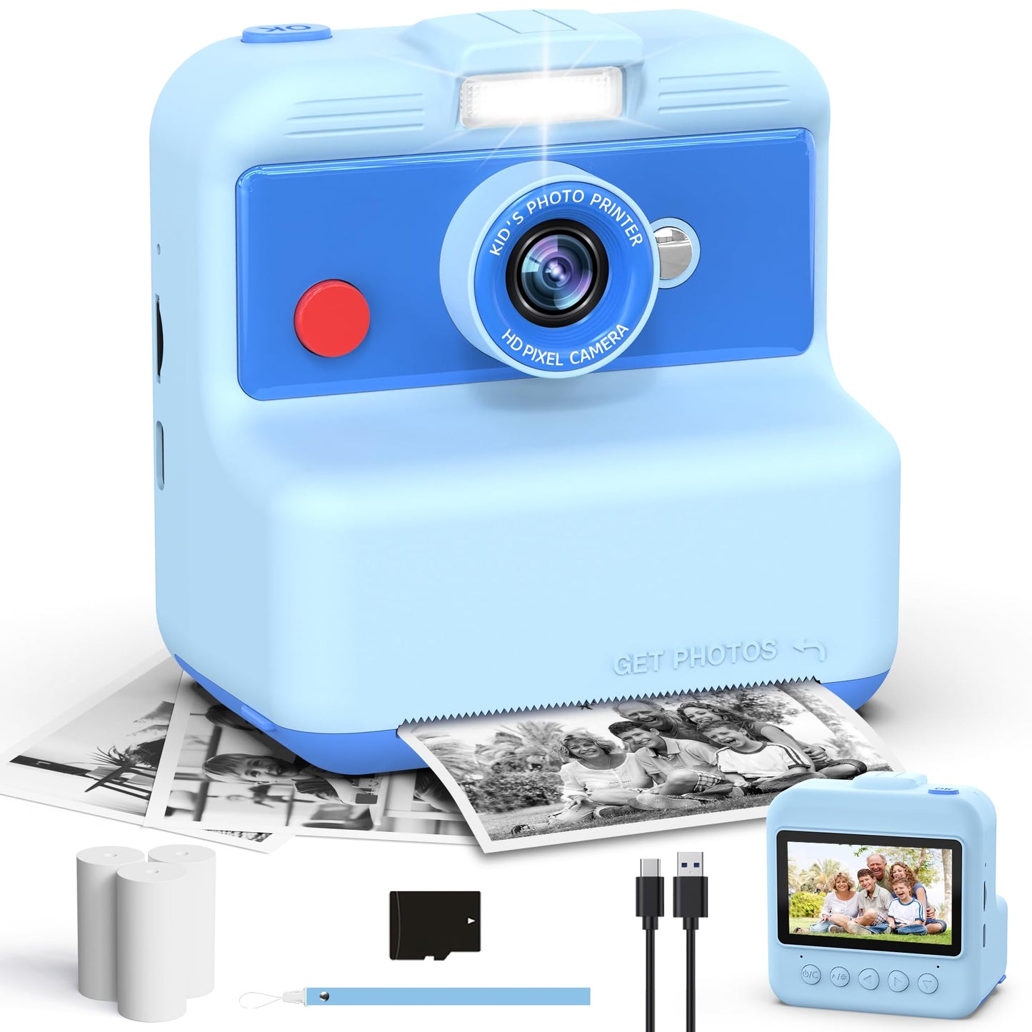 CAMCLID instant camera for kids, 3.0 inch screen children's camera instant camera, 48MP/2.5K UHD children's camera instant print with 32GB card, toy gift for boys and girls 3-12 years old (blue)