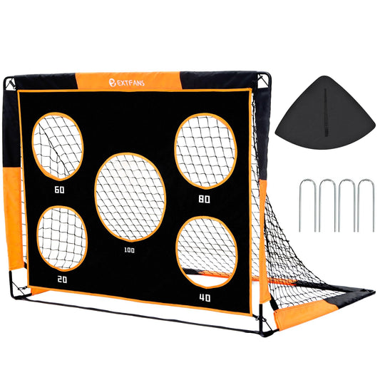EXTFANS 2 in 1 Kids Soccer Goal, Pop-up Soccer Net with Target Goal, 4 U-shaped steel stakes and carrying bag, soccer goal for boys outdoor garden training gifts (1.2m*0.9m)