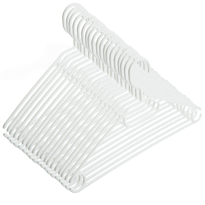 50 white plastic hangers with swivel hooks, approximately 41 cm long, a sustainable solution for organizing your closet, Made in EU, environmentally friendly with 100% recycled material.
