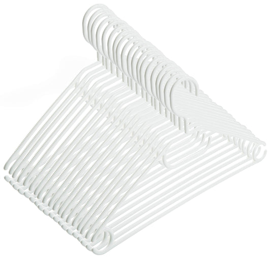 50 white plastic hangers with swivel hooks, approximately 41 cm long, a sustainable solution for organizing your closet, Made in EU, environmentally friendly with 100% recycled material.