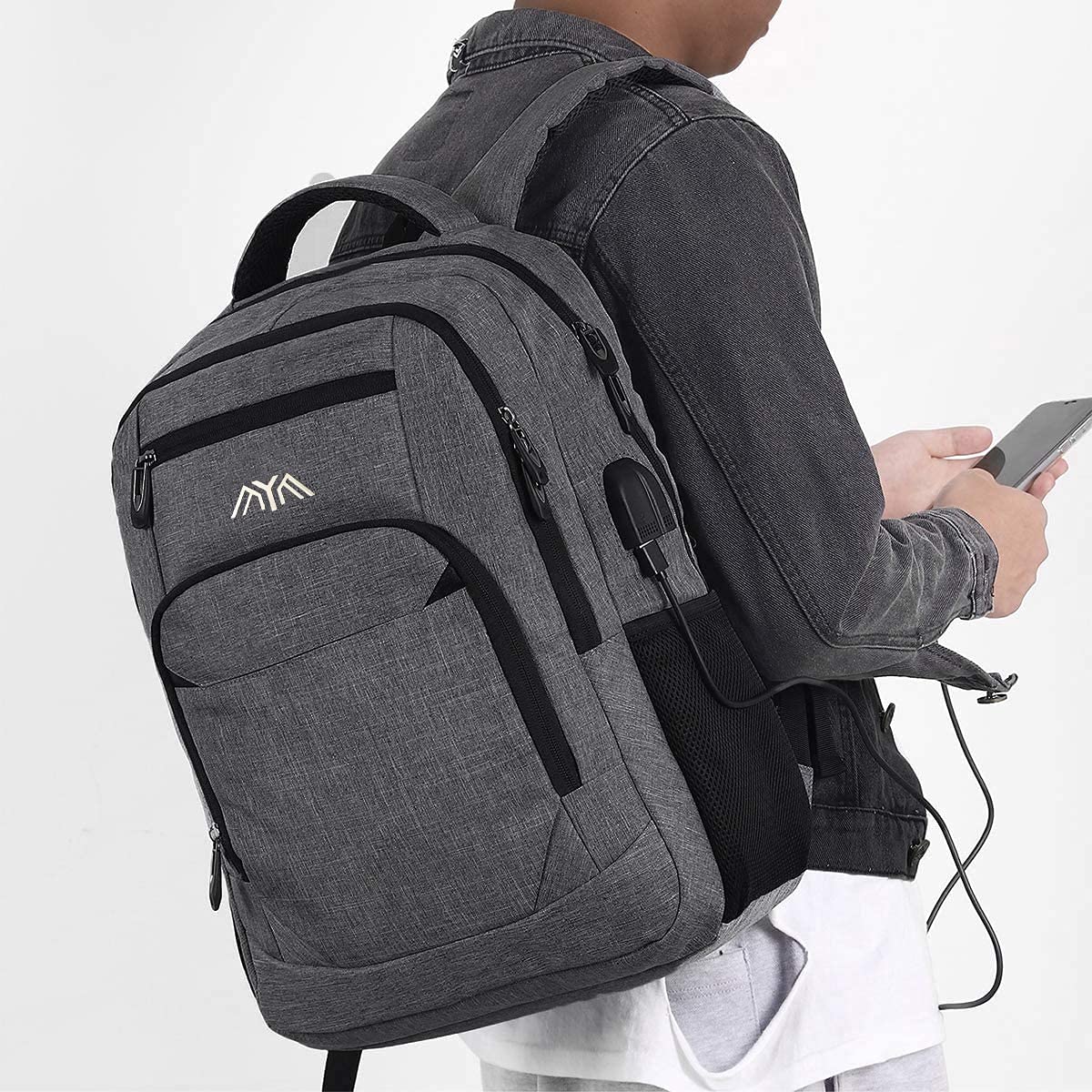 YAMTION backpack for men and women, school backpack for 17.3 inch laptop, waterproof business daypacks for boys and teenagers with USB charging port.