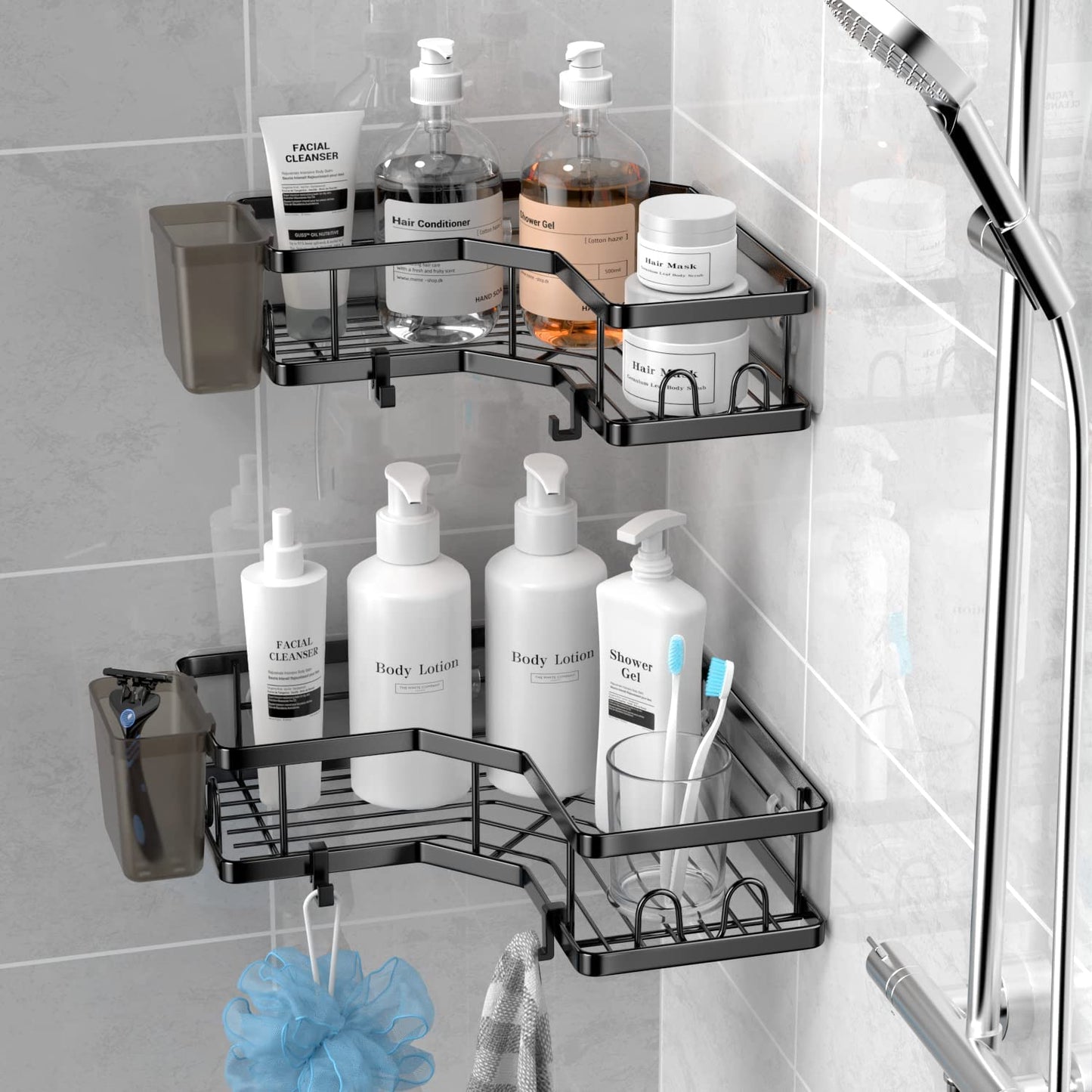 FINIBO Shower Shelf Without Drilling, 2 Pieces Self-Adhesive Corner Shelf Bathroom Organizer, Stainless Steel Shower Caddy with 4 Hooks and 2 Toothpaste Holders, Black Shower Rack Basket for Bathroom Kitchen