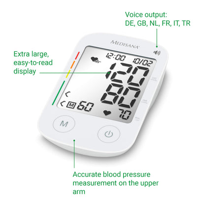 medisana BU 535 Voice upper arm blood pressure monitor with voice output, blood pressure and pulse measurement with memory function, traffic light scale, blood pressure cuff with detection of an irregular heartbeat.