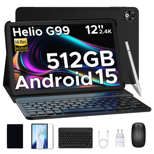 DOOGEE T40 PRO Android 15 Tablet 12 inch - 2025 new tablet with keyboard/stylus/mouse/case, Helio G99, 10800mAh, 20(8+12) GB RAM +512GB ROM(2TB TF), 2.4K display, 16MP camera, 4G LTE, dual SIM, Octa-Core.