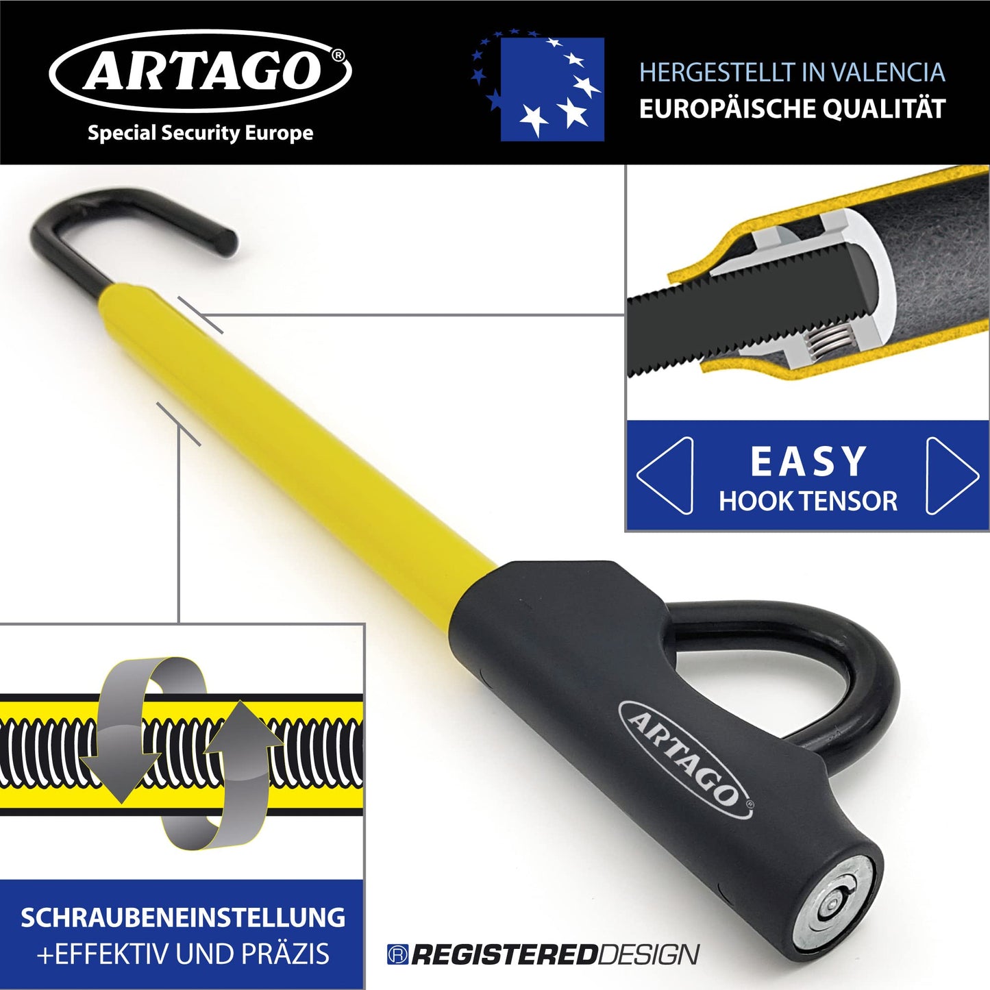ARTAGO 871A/B steering wheel lock EASY HOOK adjustable, steering wheel claw, anti-theft steering wheel pedal car, Black/Yellow