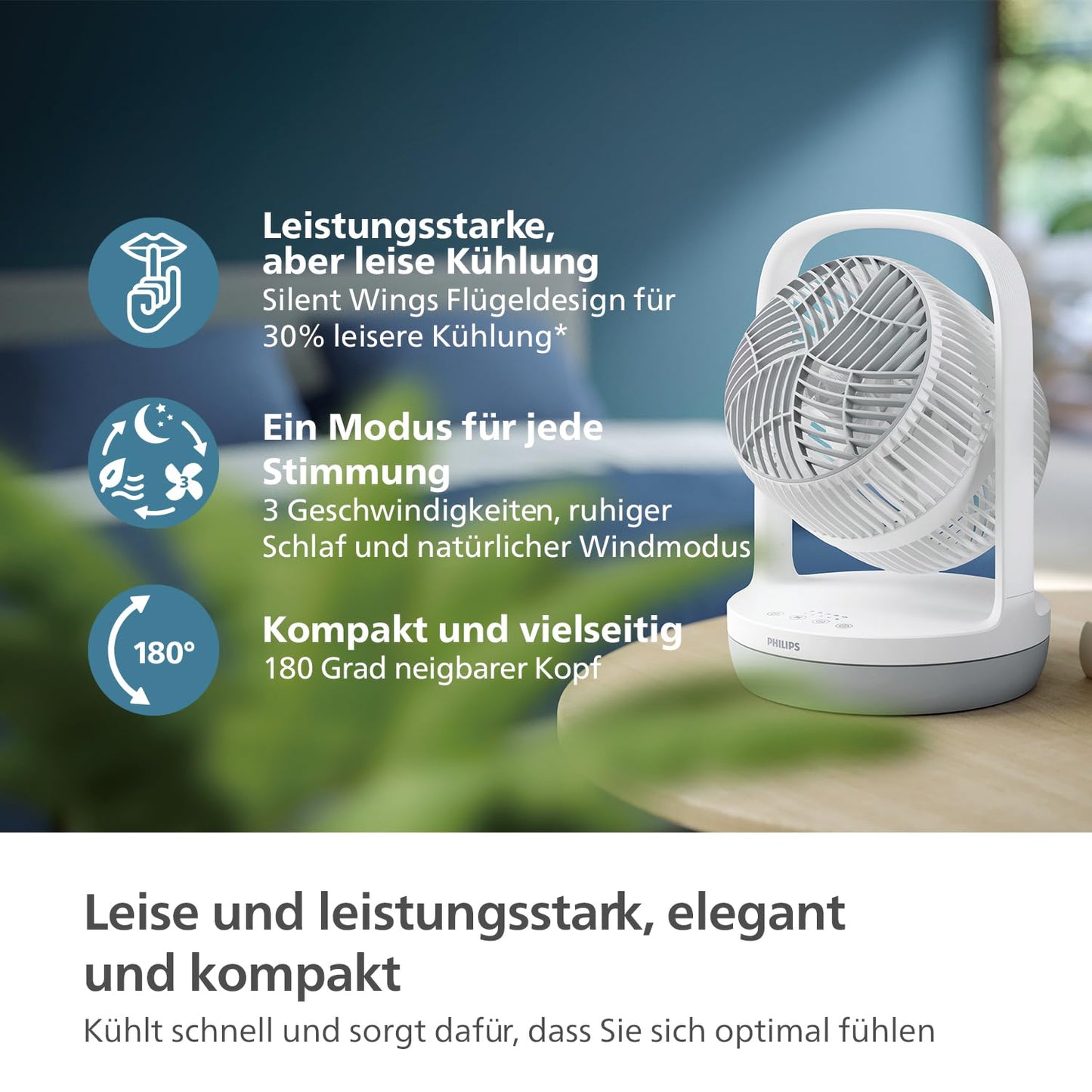 Philips Table Fan Series 2000. Powerful & super quiet with SilentWings Technology. 23 dB. Air circulation. Adjustable tilt up to 180°. 12-hour timer. Bedroom, home, & office. White (CX2050/00)