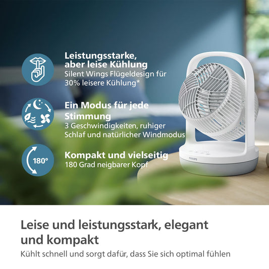 Philips Table Fan Series 2000. Powerful & super quiet with SilentWings Technology. 23 dB. Air circulation. Adjustable tilt up to 180°. 12-hour timer. Bedroom, home, & office. White (CX2050/00)