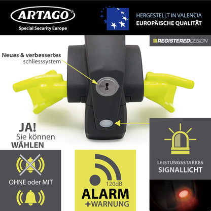 ARTAGO 870 High-quality steering wheel lock, 2in1 steering lock with/without alarm Don't Touch 120dB+LED, steering wheel lock. Secure and deterrent around the steering wheel spoke, best anti-theft protection for cars.