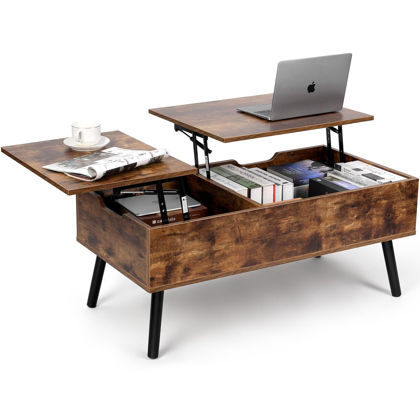 VOWNER Coffee Table, Adjustable Height Coffee Table, Extendable, Retractable Living Room Table, Separate Hidden Storage Compartment, Double Lift Top, Side End Table, Vintage Brown