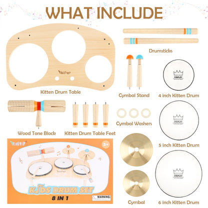 Wooden toy drum set for kids, 8 in 1 musical instruments children's toy for ages 3-5, boys and girls Montessori toy.