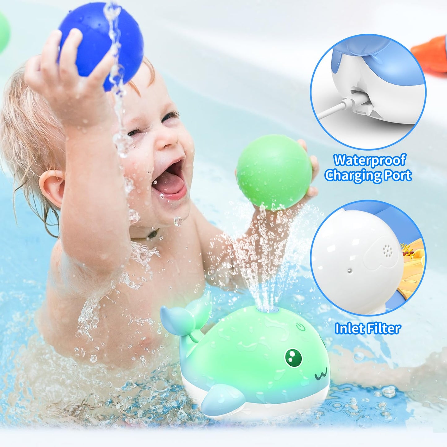 PHNIXGAM Baby Bathtub Toy, Rechargeable Light Up Whale Bath Toy Sprinkler Bathtub Pool Water Fountain Toy for Toddlers Kids, Blue