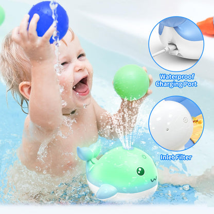 PHNIXGAM Baby Bathtub Toy, Rechargeable Light Up Whale Bath Toy Sprinkler Bathtub Pool Water Fountain Toy for Toddlers Kids, Blue