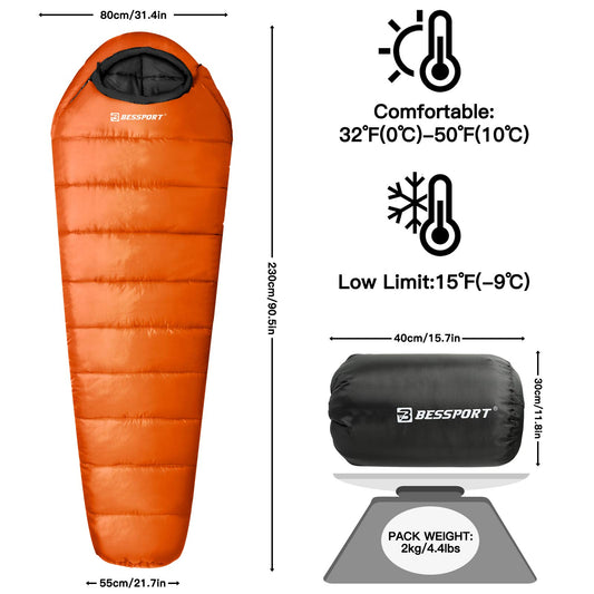 Bessport sleeping bag 3-4 seasons water resistant winter mummy sleeping bag temperature 0°C warm for outdoor camping festival trekking