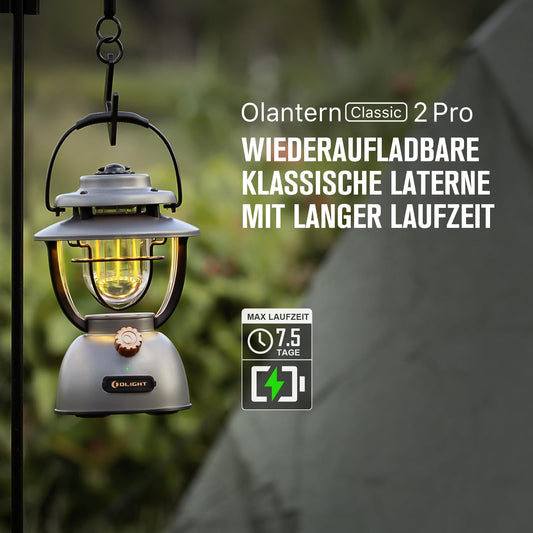OLIGHT Olantern Classic 2 Pro camping lantern 300 lumens, retro-style LED lantern with stepless dimming, USB rechargeable power bank, for camping, garden, power outages, decoration, hiking Gray