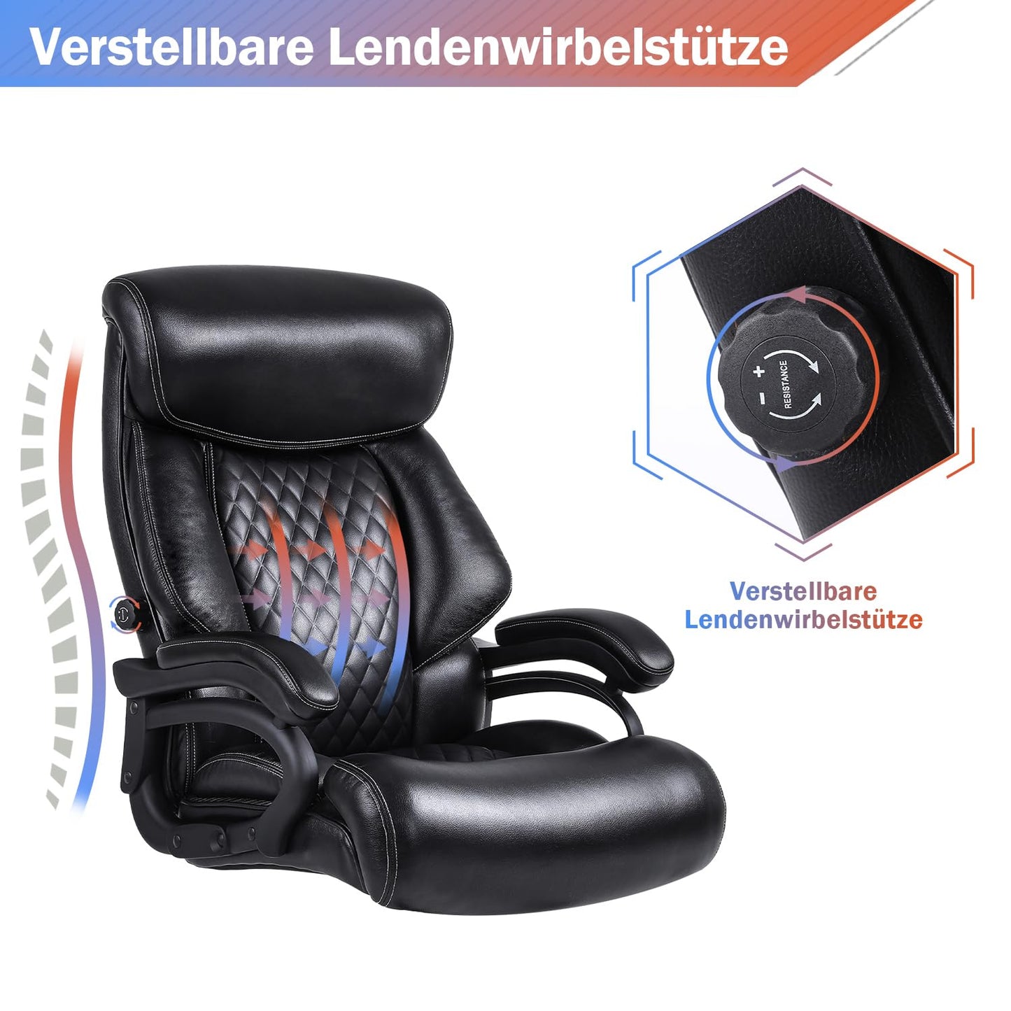Bosmiller office chair executive chair 440lbs capacity office chair 440lbs ergonomic desk chair swivel chair leather with adjustable lumbar support, black 9338