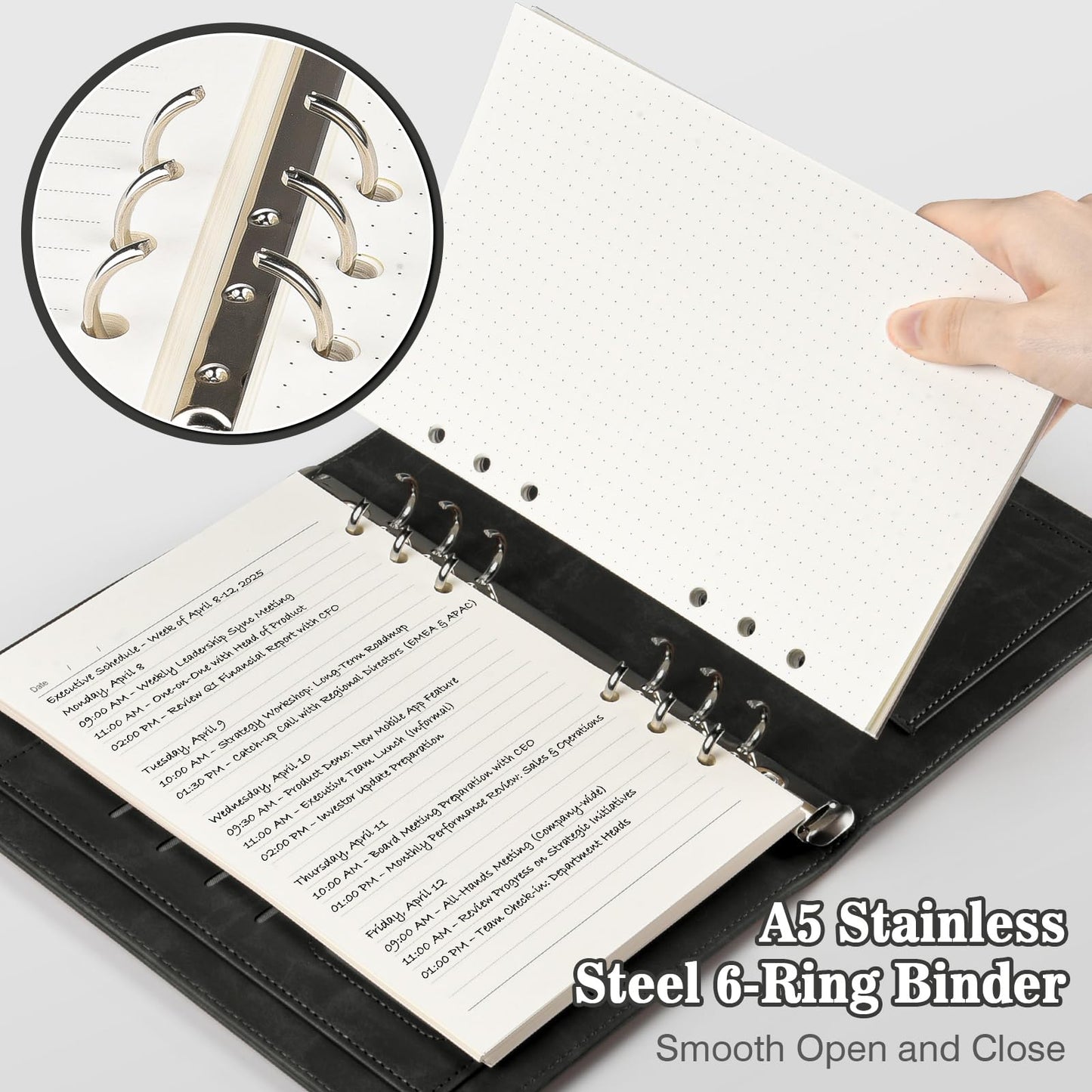 A5 ring binder, refillable A5 ring binder with 100 sheets of refill paper, leather notebook with binder pockets, binder for school notes and travel journals, gift for girls, boys (Black)