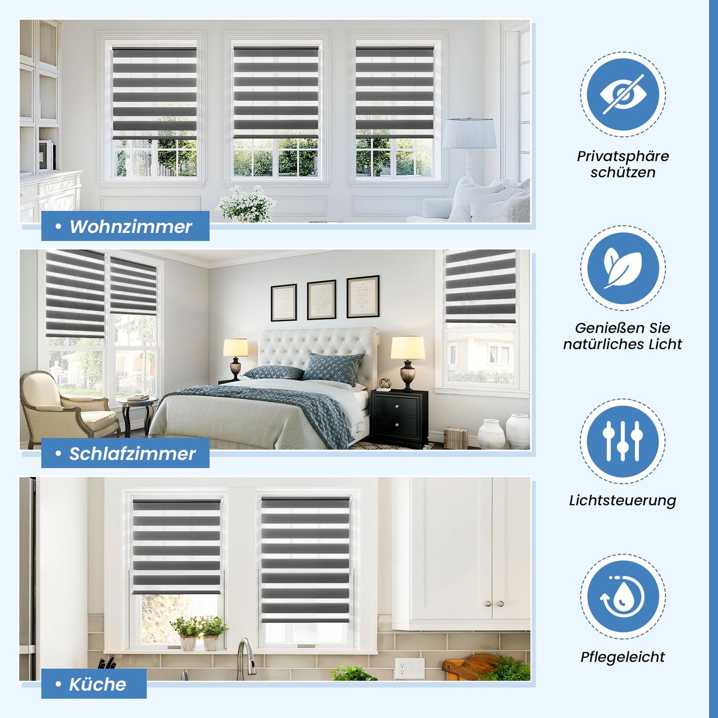 Double roller blind clamp-fix without drilling anthracite B80 x H120cm (fabric width 75cm) Duo roller blinds for windows without drilling clamp roller blind zebra roller blind side-pull roller blind with child safety window blinds for indoors