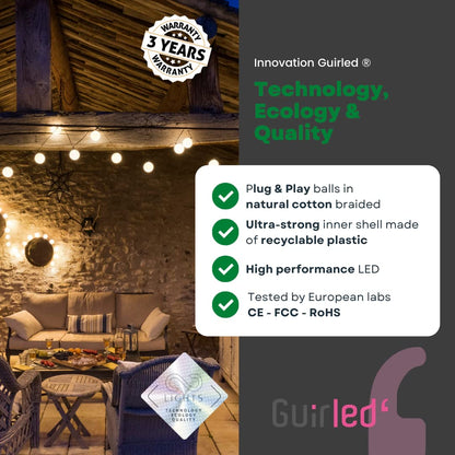 GuirLED - Outdoor garland with LED light balls Guinguette - Waterproof IP65 - High efficiency solar panel - Automatic ON/OFF - 16 balls 3m - Forest