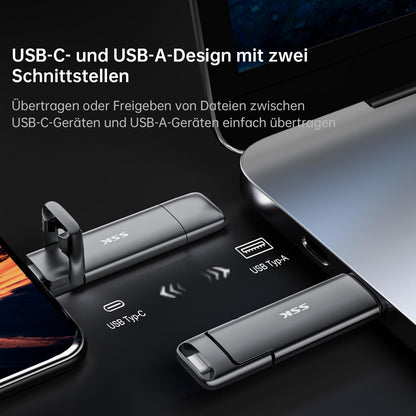 SSK External USB C SSD 1TB External Hard Drive, with speeds up to 1000 MB/s, Fast USB Stick, Dual USB C + USB A, USB Stick 3.2 Gen2 Memory Stick for iPhone, PS4, Android Phone, Tablet, Windows, Mac.