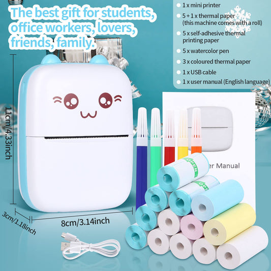 Mini printer pocket printer thermal photo printer image photo labels memo receipt paper printer photo printer with 15 rolls of printer paper compatible with Android, iOS system for journal, travel