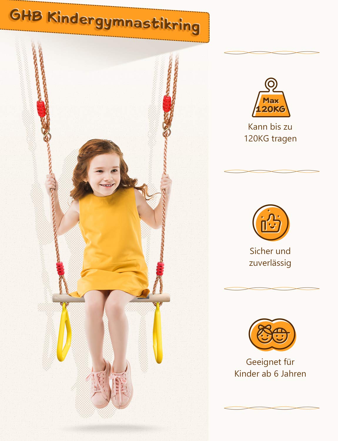 GHB Swing Trapeze Swing Swing Kids with plastic gymnastic rings for kids outdoor hanging capacity up to 120KG Yellow