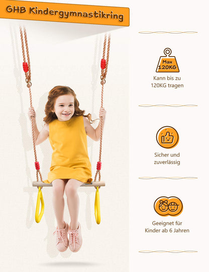 GHB Swing Trapeze Swing Swing Kids with plastic gymnastic rings for kids outdoor hanging capacity up to 120KG Yellow