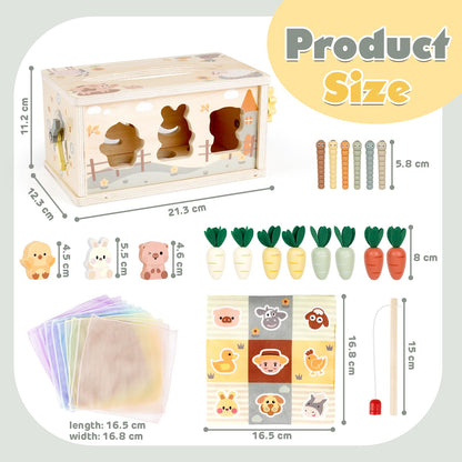 Vanplay Montessori toy for babies 12 months, 6 in 1 fabric box baby toy for 1 year olds, wooden motor skills toy for 1 2 3 year old girls and boys, gift for 1 year old child.