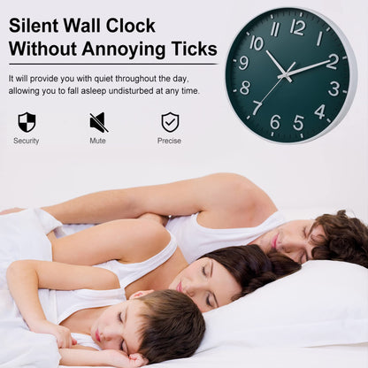 HZDHCLH 30cm Silent Wall Clock with Sweeping Second Hand, Arabic Numerals, No Ticking for Home Decoration Living Room, Kitchen, Office, Bedroom (Dark Green)
