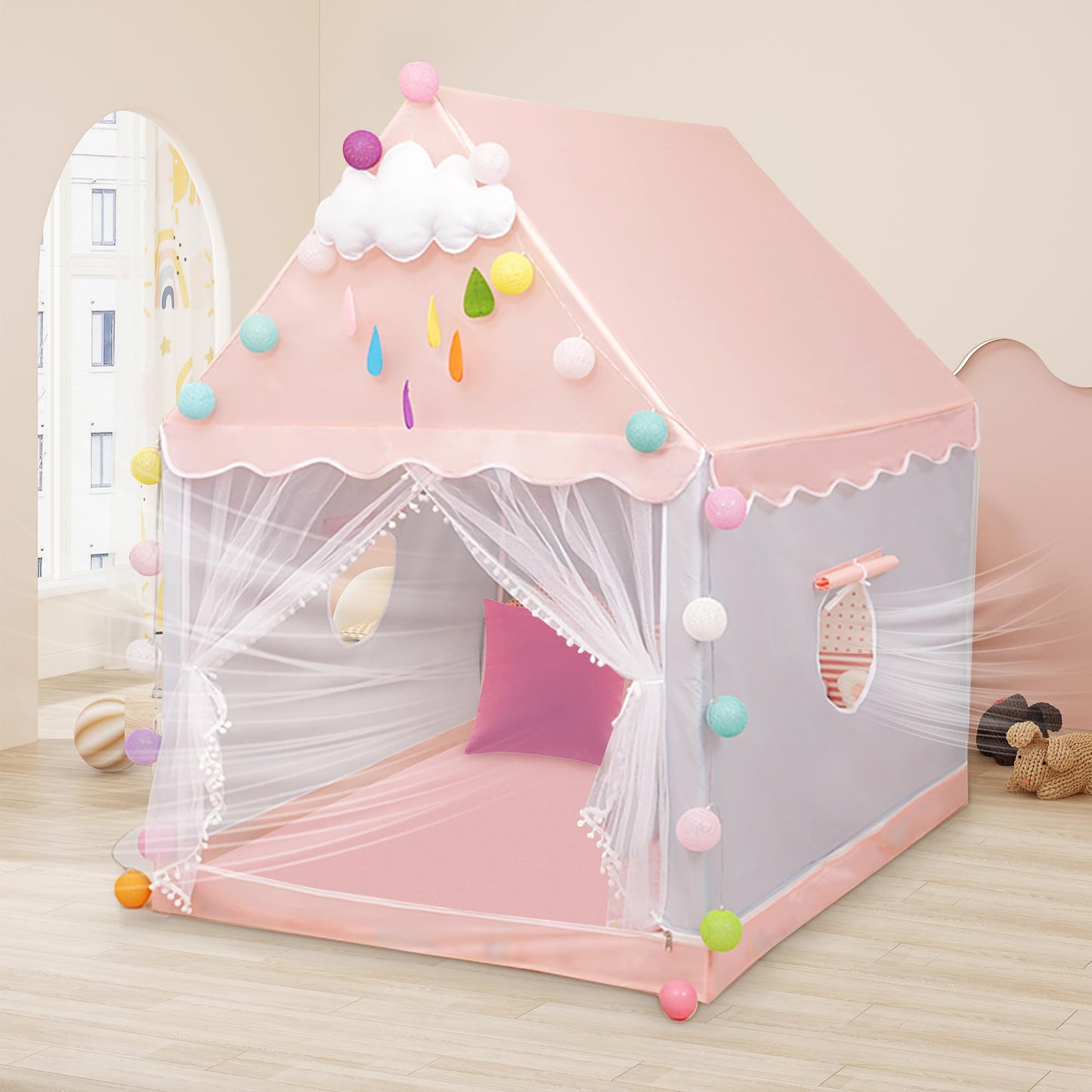 Children's play tent with star lights, girls' princess castle tent, indoor play tent with ball lights and cloud decorations. Dimensions 120x110x130cm.