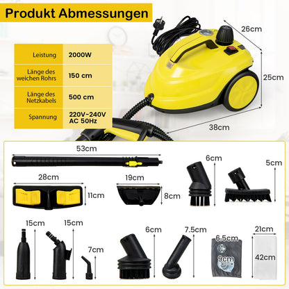 RELAX4LIFE Steam Cleaner, Steam Pressure: 5 bar, Power: 2000 W, Area Performance: 108 m², Tank: 1.8 L, Heating Time: 8 min., includes floor cleaning set, nozzles, for carpets, floors, tiles, windows, sofa