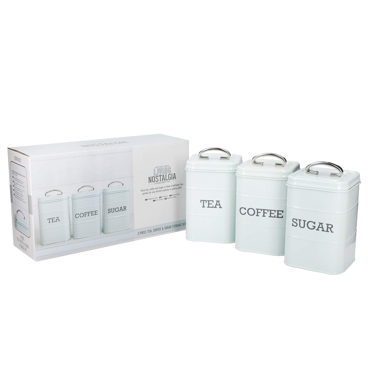 KitchenCraft Living Nostalgia Canisters for Tea, Coffee and Sugar in Gift Box, Steel, Vintage Blue, 3 Piece Set