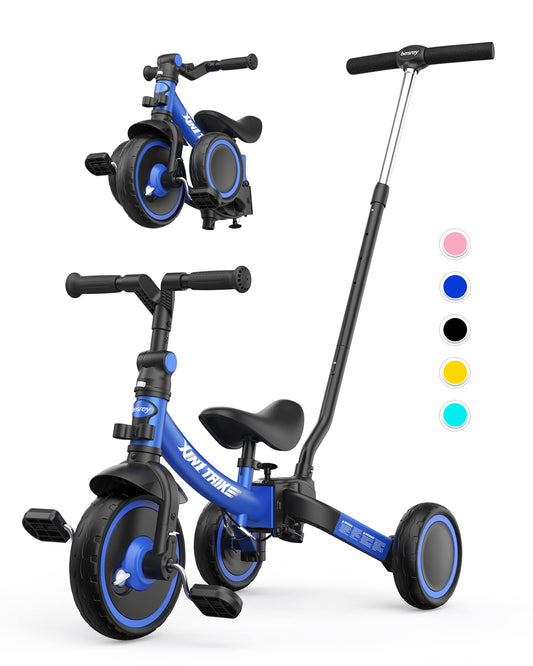 Besrey 7 in 1 toddler tricycle with steering push handle for 1-5 years, foldable wheels, toddler bike with wheel coupling, larger wheels, removable pedals, adjustable seat height, Blue