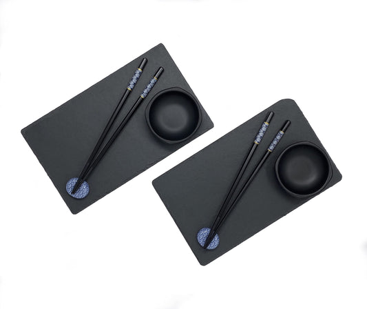 Soypi Sushi Set for 2 - black, 10 piece sushi dish set with chopsticks, slate plates, trays, bowls, delivered in high-quality gift box as a perfect couple's gift.