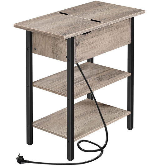 HOOBRO Side Table, Flip-Top Coffee Table with Charging Station and Shelf, Narrow Bedside Table for Small Spaces, Bedroom, Living Room, Sturdy, Greige-Black EBG342BZ01