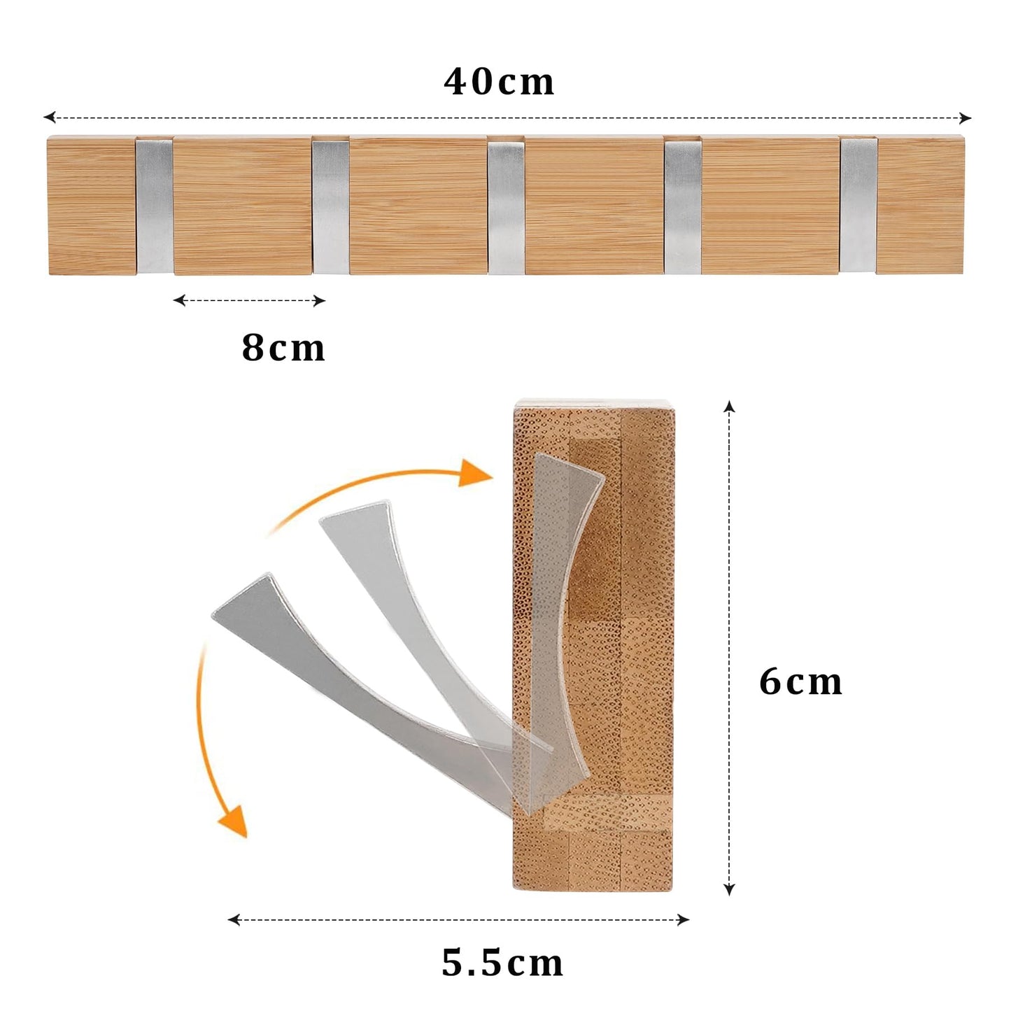 QILICZ 2-pack coat hooks - wall coat rack with 5 folding hooks made of bamboo. Ideal for coats, hats, scarves, keys, and towels. Foldable design for compact storage.