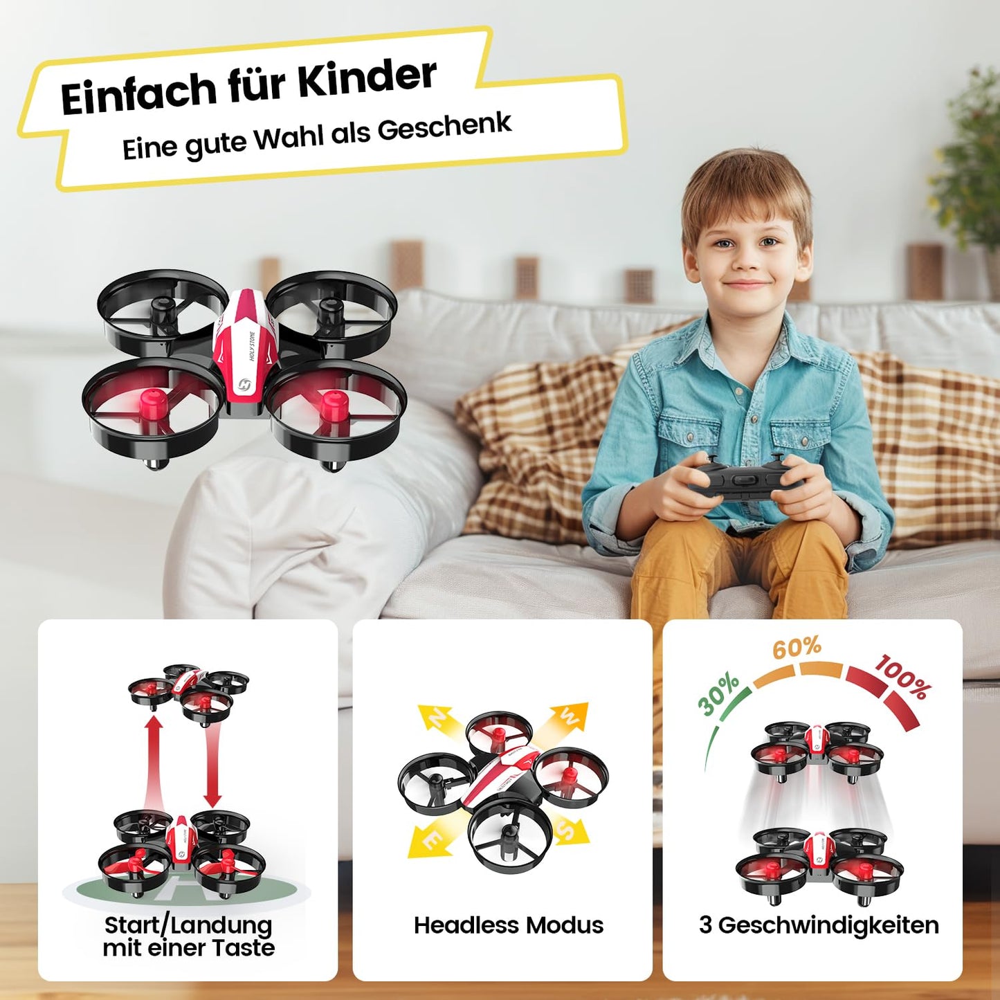 Holy Stone HS210 Mini Drone for Kids Beginners, RC Quadcopter with 3 Batteries Long Flight Time, Automatic Altitude Hold, 3D Flips, Headless Mode, One Key Start Gift Toy for Boys Girls Red, C0